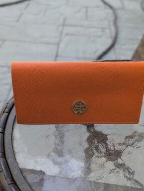 Tory Burch Orange Saffiano Glasses Case with Gold Logo